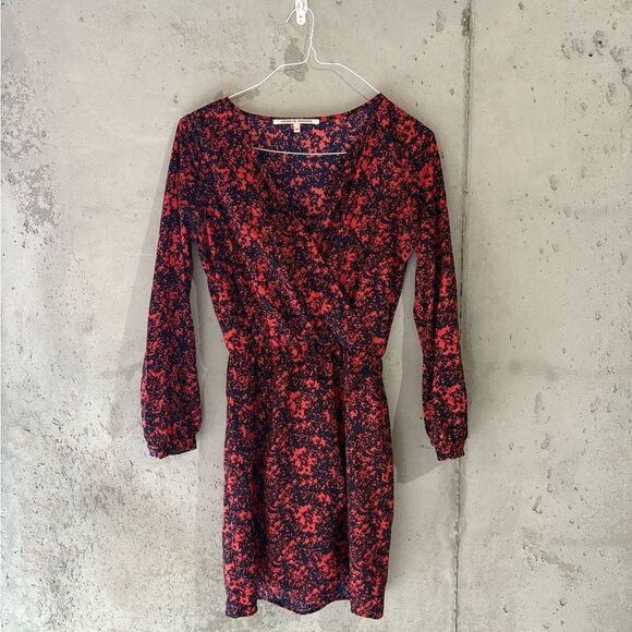 Collective Concepts Red and Navy Print Long Sleeve Faux Wrap Dress - Picture 1 of 10